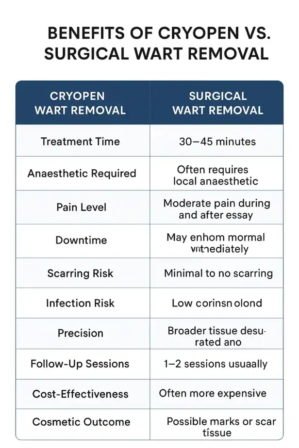 Table showing the benefits of cryopen to remove warts Cumbernauld compared to surgical treatment