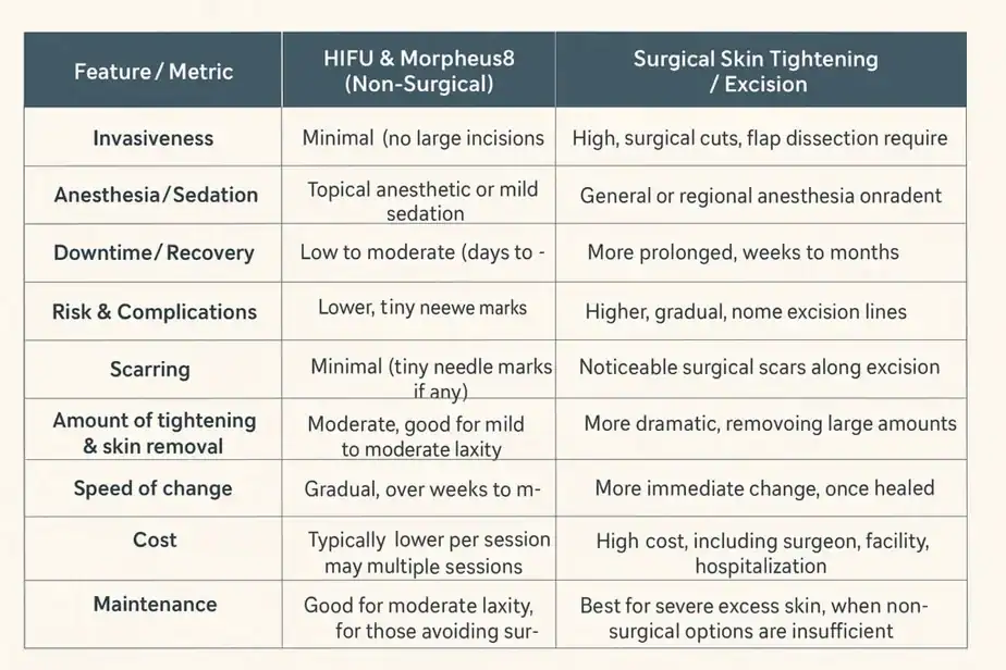 Table showing benefits of Lipo Freeze 2 U Cumbernauld treatments for skin tightening following weight loss injections.
